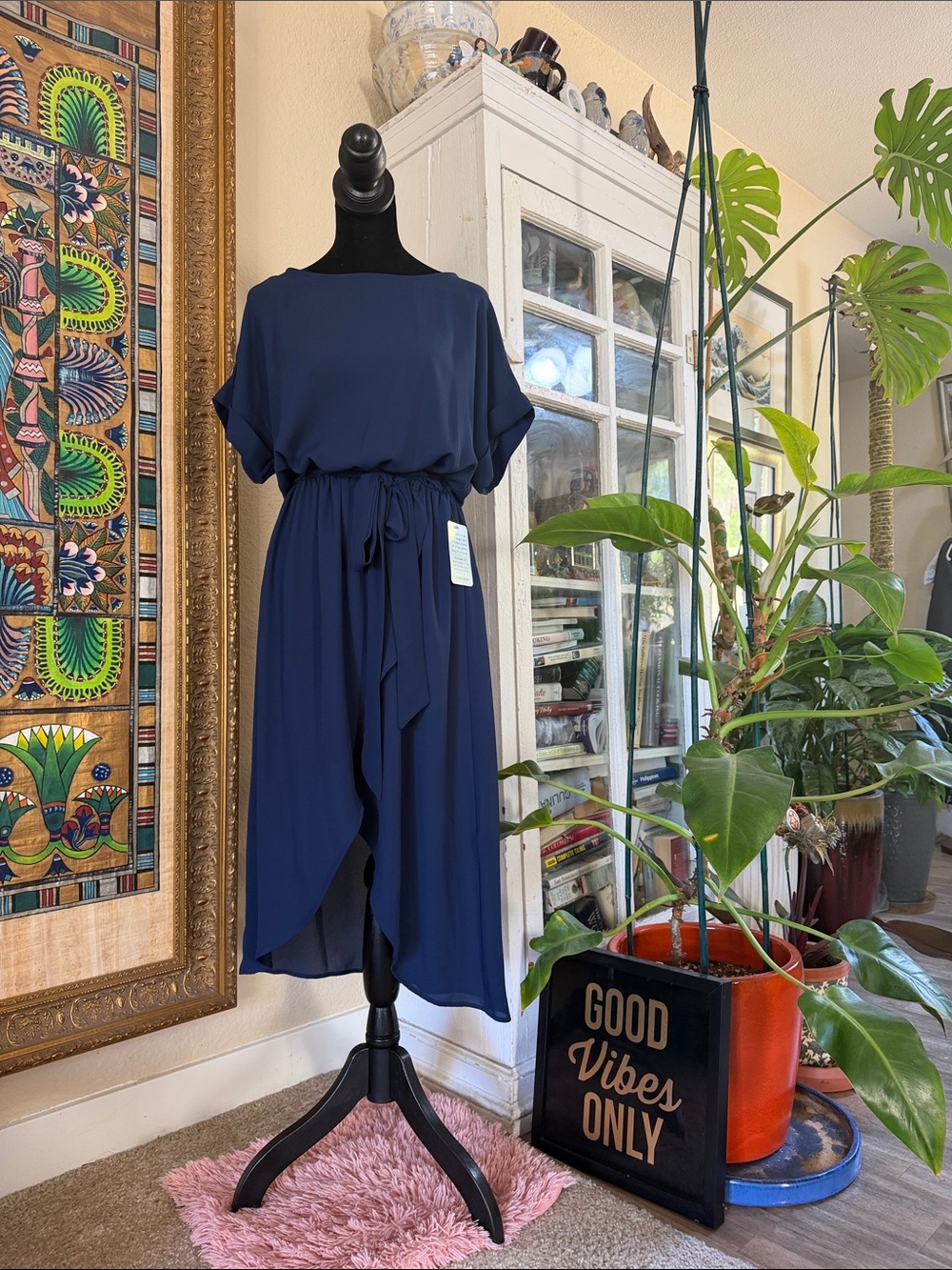 Navy Blue Women's Midi Dress with Drawstring Waist